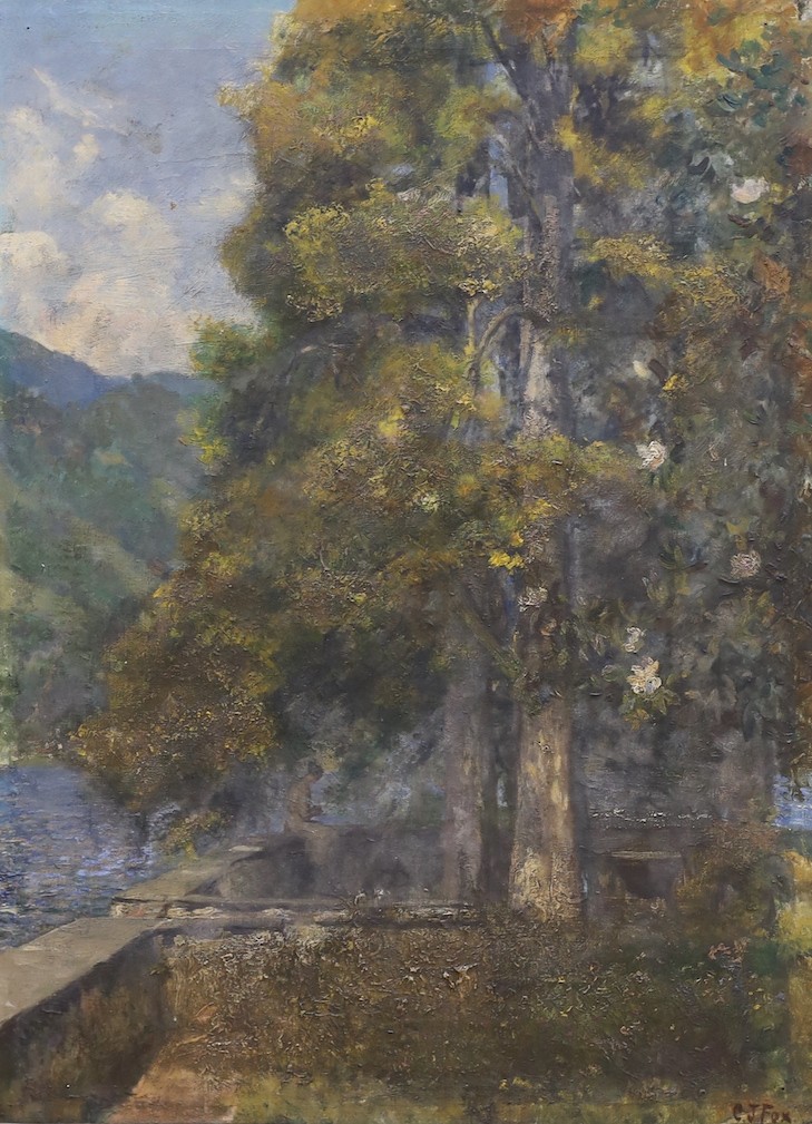 Charles James Fox (1860-1932), oil on canvas, River landscape with woman beneath a shady tree, signed, 60 x 44cm